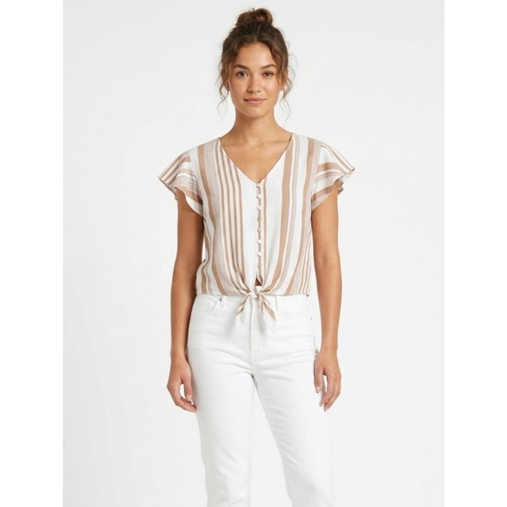 Sim & Sam Large Tan White Vertical Stripe Tie Front Rayon Top Flutter Sleeve